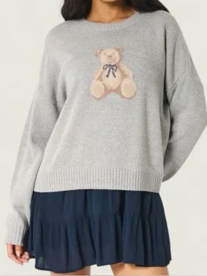 Hollister Teddy Bear Sweater Size XL Pullover Soft Bow Gray Cozy Crew Neck thumbnail 1