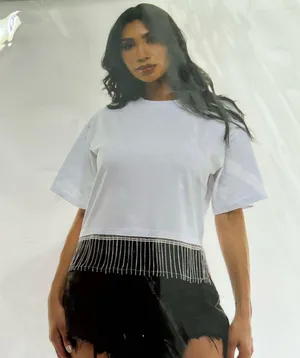 New White Cropped T-Shirt with Rhinestone Fringe women size L/XL party costumes thumbnail 3