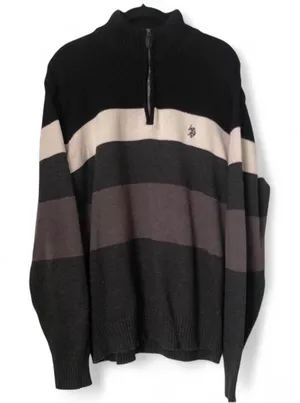 Preppy Minimalist Rugby Striped Country Club Quarter 1/4 Zip Sweater Shirt Top Long Sleeve Minimalist Knit Black White Men XL - measurement in pics thumbnail 1