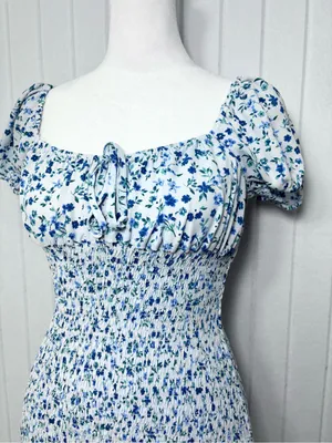 wild‎ fable White & Blue Smocked Midi Dress with Puff Sleeves Size XS thumbnail 3