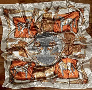 VINTAGE Equestrian ivory/ORANGE Horses&Tassels Print silky Scarf 35’/35’ thumbnail 15
