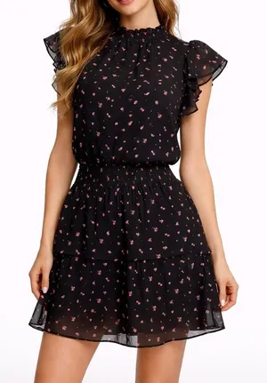 NEW ANTHROPOLOGIE Floral mini Dress MEDIUM Smocked-Neck Flutter-Sleeve Bohemian thumbnail 1