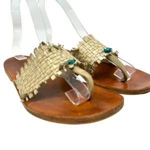 Henry Cuir‎ Slide Sandals Leather Woven Rattan Beaded Tan Brown Size 38 US 8 thumbnail 3