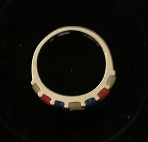 Gold-Tone Band Ring with Red, Blue and Cream Enamel Panels thumbnail 1