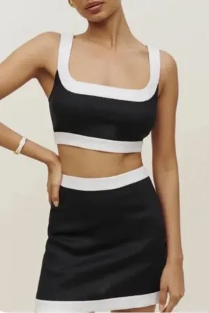 Reformation Robbie Linen Two Piece Set in Black & White thumbnail 1
