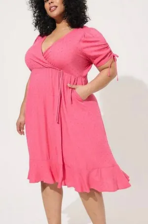 NWOT Torrid Pink‎ Swiss Dot Surplice Pockets Midi Dress 2X thumbnail 1