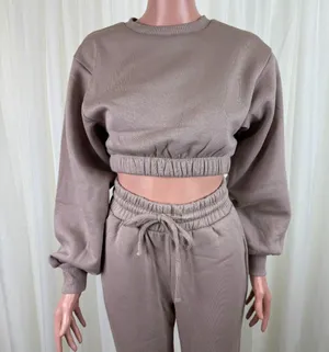 Zenana 2 Pcs Crop Sweatshirt Tracksuit Jogger Pants Set Outfit Active Loungewear Beige Size L thumbnail 6