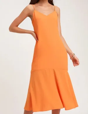 Lulus Bright Orange V Neck Midi Dress NWT Small Summer Wedding Guest Cocktail thumbnail 1