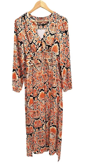 Anany Paisley Maxi Dress Orange Black Long Sleeve Medium Boho Wedding Guest‎ NWT thumbnail 1