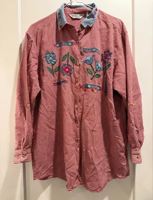 Vintage Victoria Jones Embroidered Gingham Shirt 18W Denim Collar Floral Western thumbnail 1