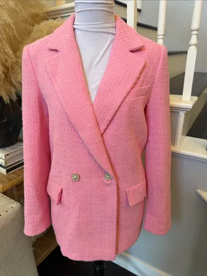 Zara Pink Tweed Blazer & Skort Shorts Set Double Breasted Flat Front Size XS thumbnail 3