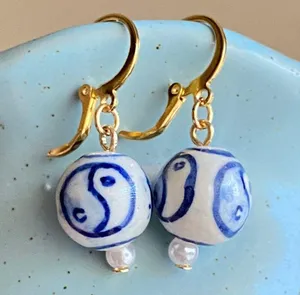 Handmade unisex Kawaii elegant boho unique porcelain Yin yang dangle earrings💚💙 reminds me of a wind chime🎐✨ thumbnail 2