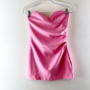 Zara Strapless Sweetheart Neck Ruched Mini Dress Bubble Gum Pink Medium thumbnail 4