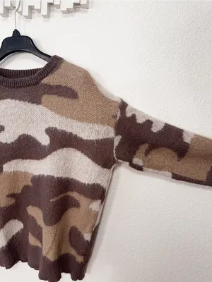 Amazon Brown Neutral Camo Print Crewneck Pullover Knit Sweater thumbnail 4