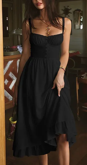 Commense Milk Maid Ruffle Hem Cami Corset Midi Coastal Cottage Dress Black L thumbnail 1