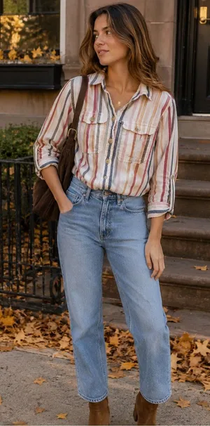 American Eagle Outfitters Striped Button-Down Shirt in Cream, Red & Blue thumbnail 1