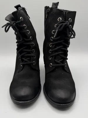 Steve Madden Lauuren Boots Womens 6.5 Black Leather Lace Up Block Heel thumbnail 2