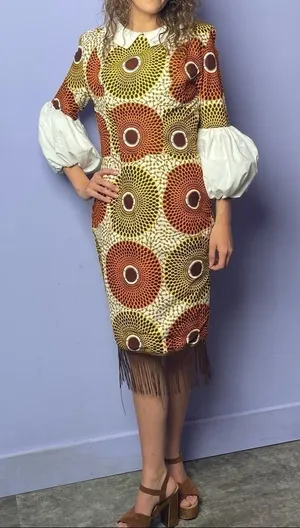 Vintage 70’s Homemade Puff Sleeve Collared‎ Dress in Brown Orange Yellow Size S thumbnail 1