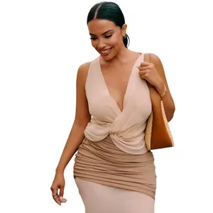 L'Academie Sleeveless Two Tone Beige Tan Chiffon Overlay Formal Evening Gown S M thumbnail 11