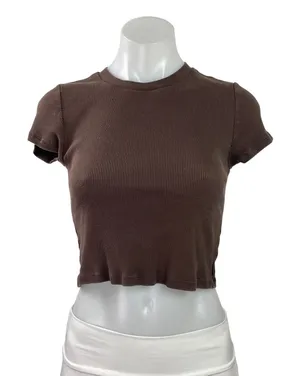 Aritzia TNA Brown Ribbed Knit Crewneck Short Sleeve Crop Tee T-shirt Top Size M thumbnail 1
