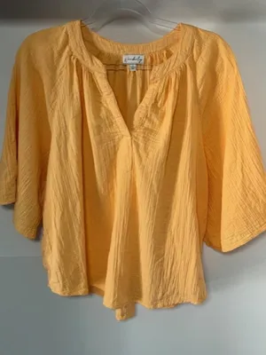 Wonderly Women’s Large Mustard Yellow Gauze Peasant Blouse Boho Split Neck Top thumbnail 4