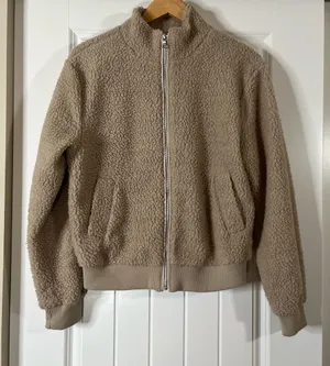Beige Brown Teddy Bomber Jacket Womens Size Medium Sherpa Cozy Dressy Casual thumbnail 1