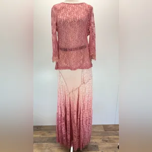 Sheer Mauve Mixed Lace Bell Sleeve Top Eyelash Fringe Gimmicks by BKE Fairy Boho thumbnail 14