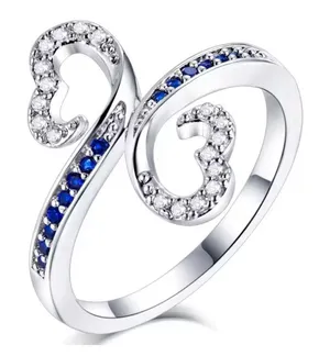 White Gold Plated Double Heart Lab Sapphire Ring Size‎ 7 thumbnail 1