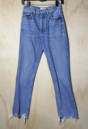 AGOLDE‎ Riley Crop Straight Jeans Women 24 High Rise Raw Hem Blue Denim thumbnail 1