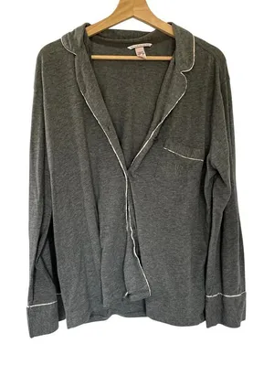 Victoria's‎ Secret gray pink sleepwear long sleeved button down shirt women's L thumbnail 1