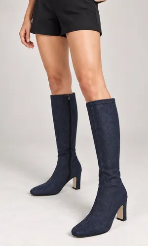 Knee High dark navy denim heeled boots Blue Size 8.5 thumbnail 1