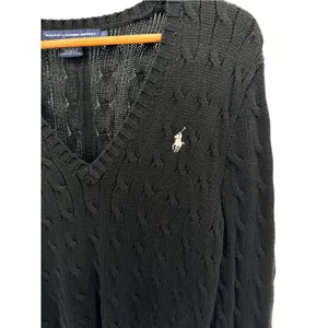 Ralph Lauren Black Cable Knit V-Neck Cotton Sweater L Preppy Coastal Old Money L thumbnail 2
