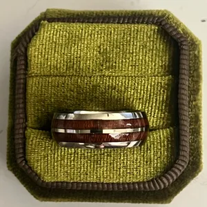 Titanium Steel Wood Finish Silver Trim Polished Finish 6mm Unisex Band Size 9 thumbnail 1