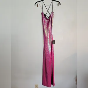 Lulu's Glam Diva Iridescent Hot Pink Sequin Lace-Up Maxi Dress thumbnail 6