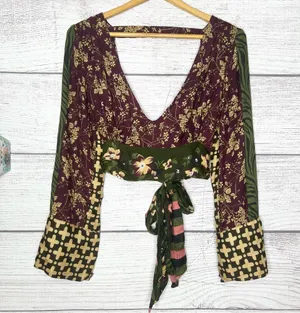 Z&L Boho Floral V-Neck Wrap Tie Long Sleeve Festival Crop Top Size Small thumbnail 2