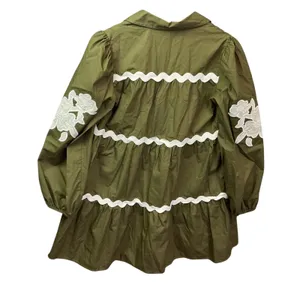Olive Green Cotton Tiered Mini Dress Floral Embroidery‎ Ric Rac ID17203 Womens thumbnail 8