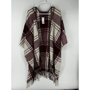 Banana Republic‎ Wrap Kimono Blanket Cashmere Blend Plaid Red Fringe Wine New thumbnail 2