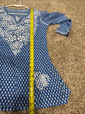 Mul cotton Blue and White Embroidered V-Neck Tunic Top kurti top thumbnail 7