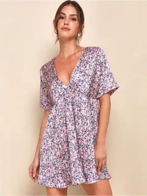 Lulus Express Yourself Blush Pink Floral Print Satin Babydoll mini Dress medium thumbnail 2