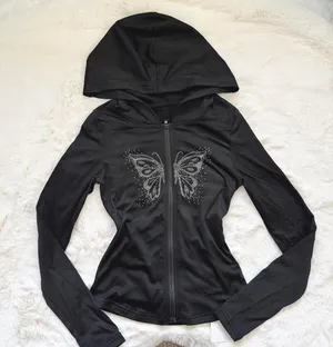 Dazy Black y2k butterfly crystal long sleeve zip up hoodie thumbnail 1
