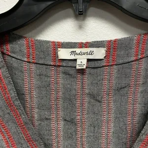 Madewell Shirt Women's Large Grey Red Striped VNeck Long Sleeve Cotton Blend thumbnail 2
