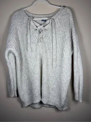 Aerie • Lace Up Oversized Knit Sweater Wool & Alpaca Blend Oatmeal Sz XL thumbnail 3