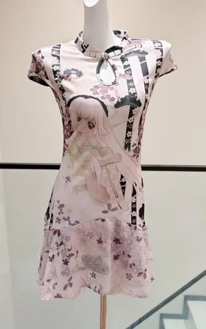 Women Anime Print Short Qipao Dress Mandarin Collar Cap Sleeve Keyhole Neck Ruffle Hem Slim Fit thumbnail 1