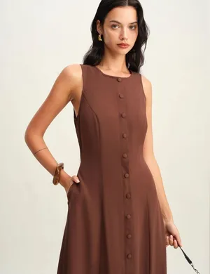 Rihoas Brown Round Neck Button Sleeveless Maxi Dress thumbnail 2