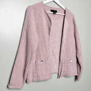 Tahari Linen Gauze Lightweight Jacket Top Mauve Pink Purple White Pockets Medium thumbnail 3