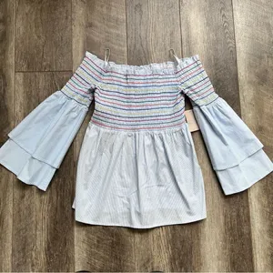 Belle + Sky Blue Off the Shoulder Peplum Top NWT Delight Blue Strip Size Small thumbnail 5