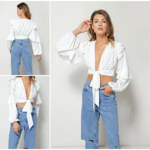 NEW NWT Revolve Line & Dot‎ XS White Sonia Blouse Style LT4153B Cropped Ruffled thumbnail 2
