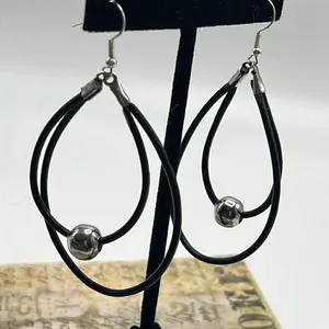 Double Leather Corded Dangling Earrings w/ Silver-Tone Bead Choice of Closure thumbnail 4