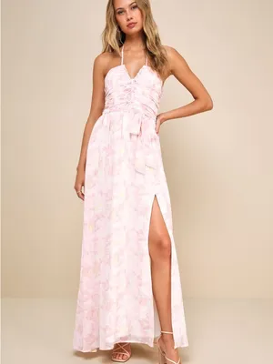 NWOT Lulus Effortlessly Abloom Light Pink Floral Ruched Halter Maxi Dress L thumbnail 2