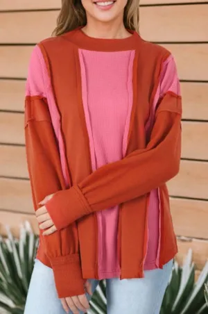 NEW Red and Pink Waffle Knit Exposed Seam Patchwork Top Size M thumbnail 6